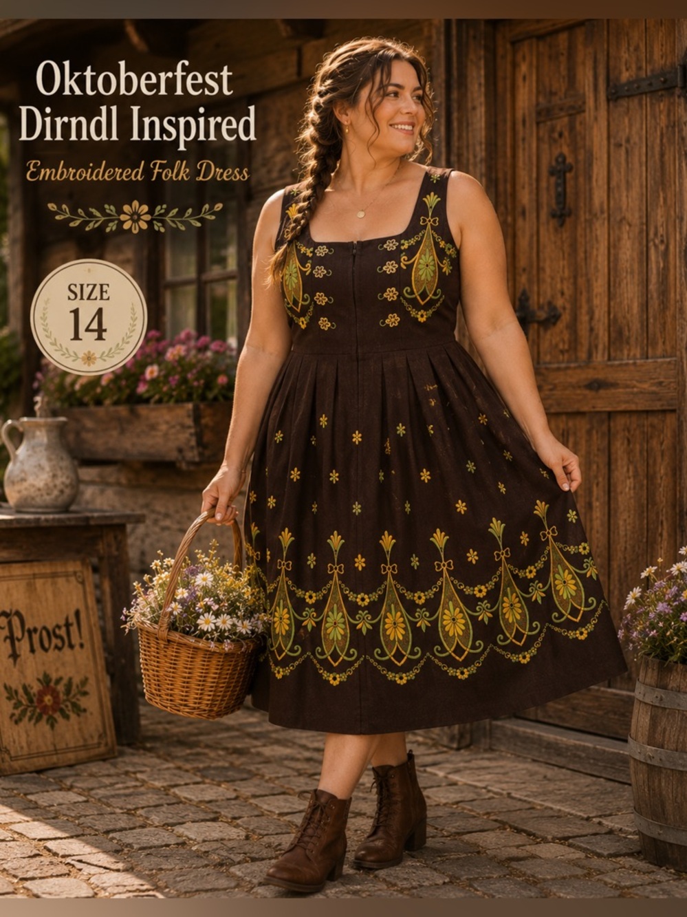 Licht Trachtenhaus Brown Embroidered Dirndl Dress Floral Trim Polyester Size 14